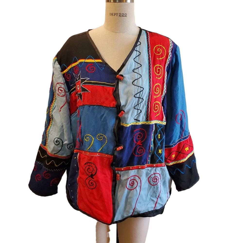 Indigo Moon Vintage Oversized Embroidered Patchwork‎ Jacket Size L